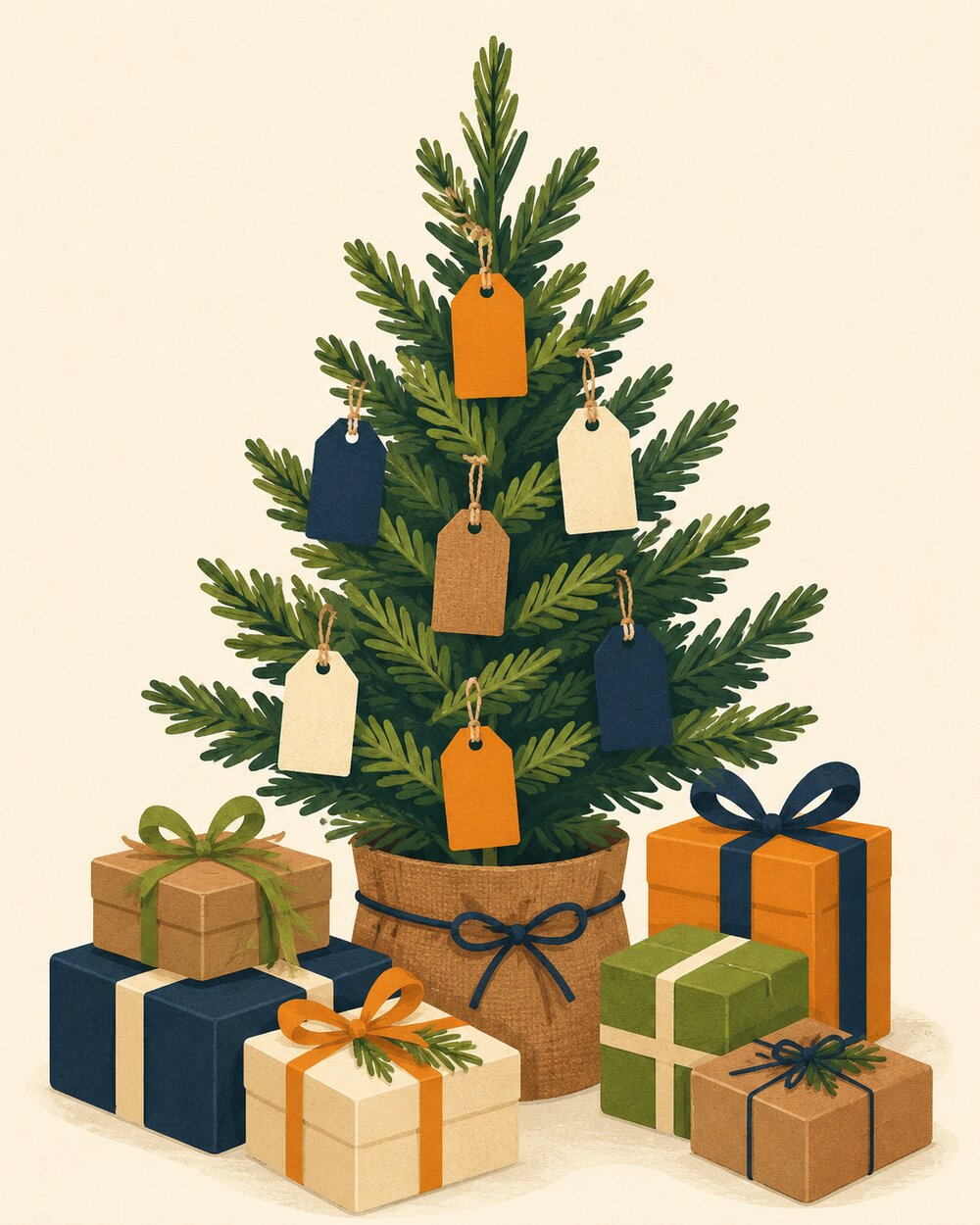 Illustration of a small Christmas tree decorated with paper gift tags, surrounded by wrapped presents