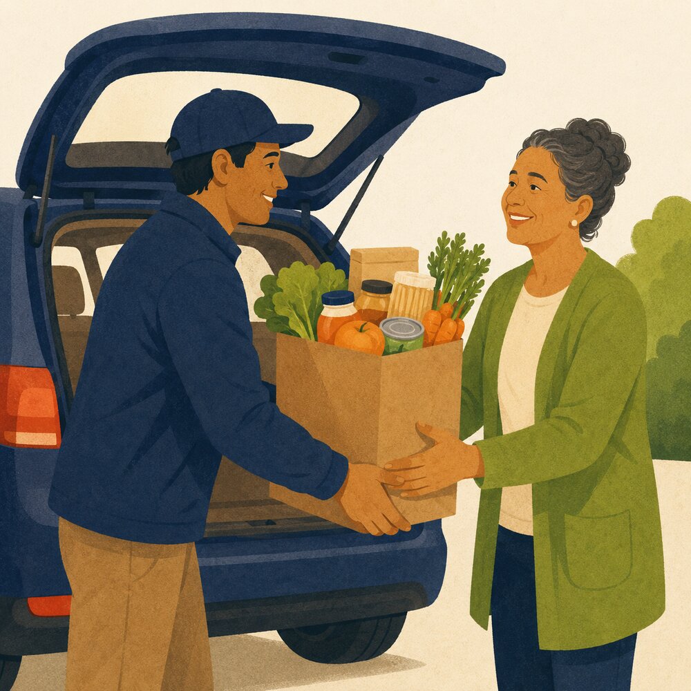 Illustration of a volunteer receiving a bag of groceries from the trunk of a neighbor's car