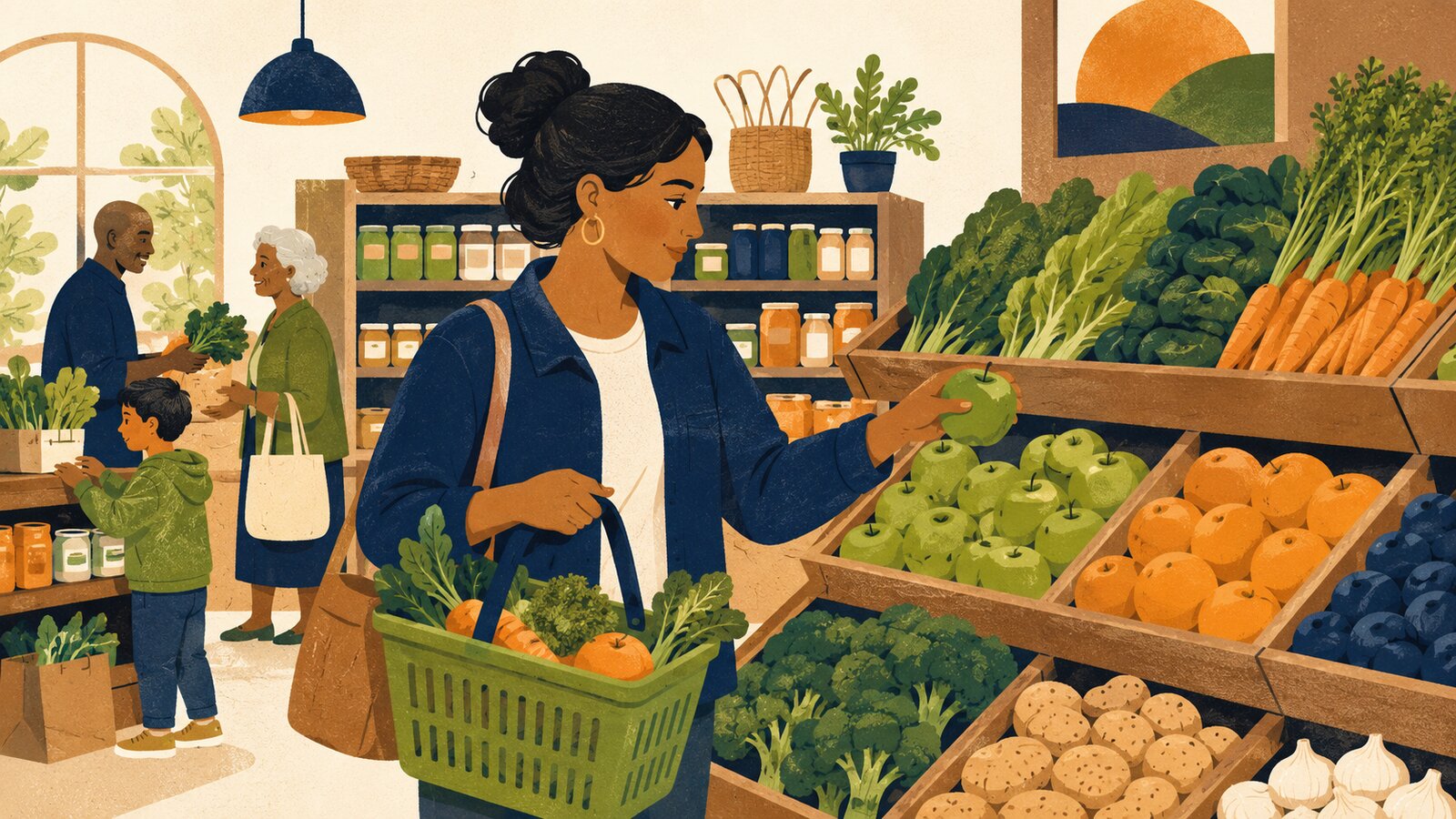 Illustration of a shopper choosing fresh produce from the shelves of a small, friendly market